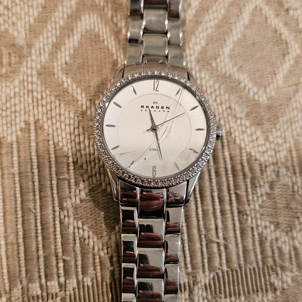Ladies Silver Skagen Watch with Round Diamond Framed Face